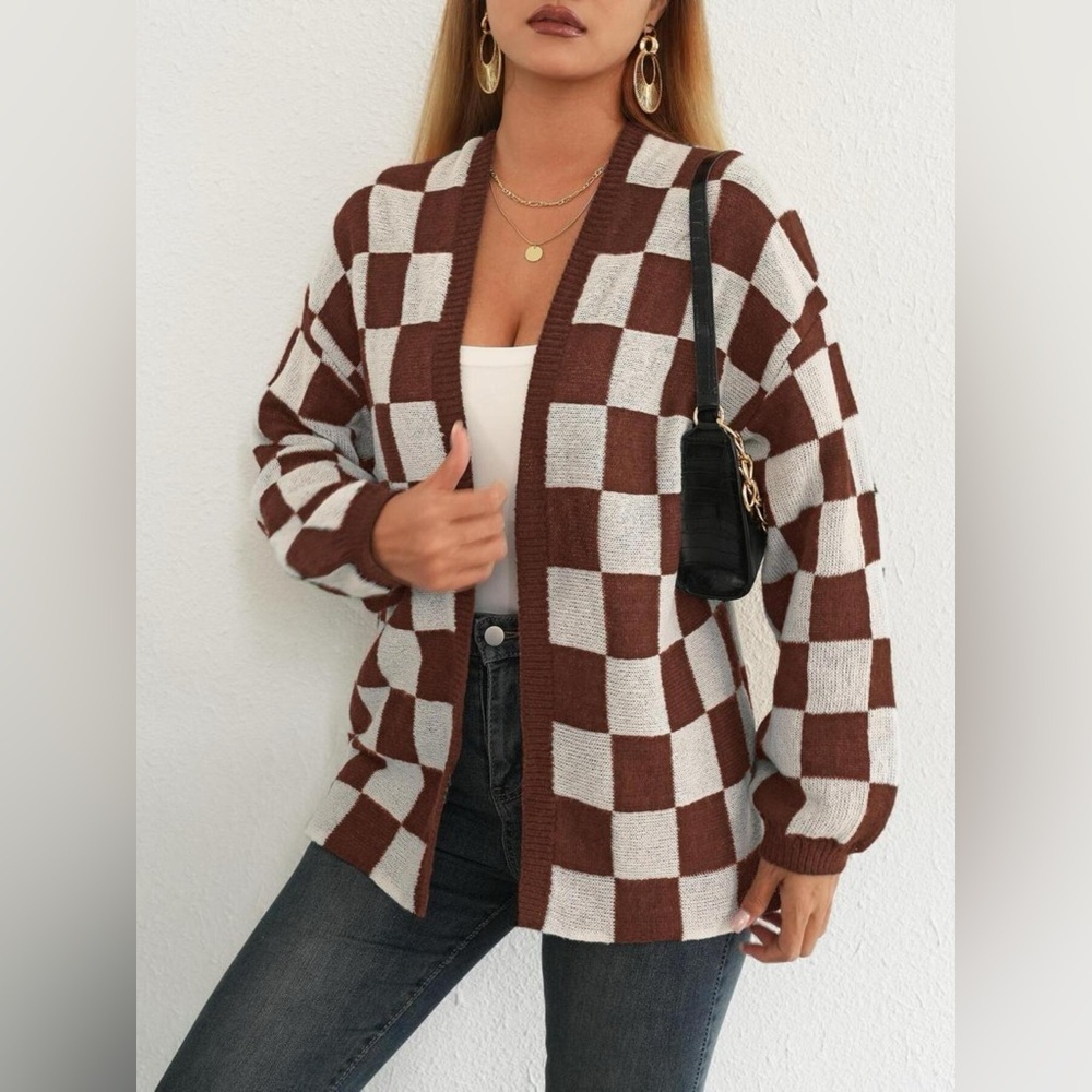 Checkerboard Pattern Open Front Knit Cardigan - Picture 2 of 10